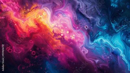 This image depicts a dynamic cosmic explosion with swirling colors, showcasing motion and energy in an abstract universe scene.