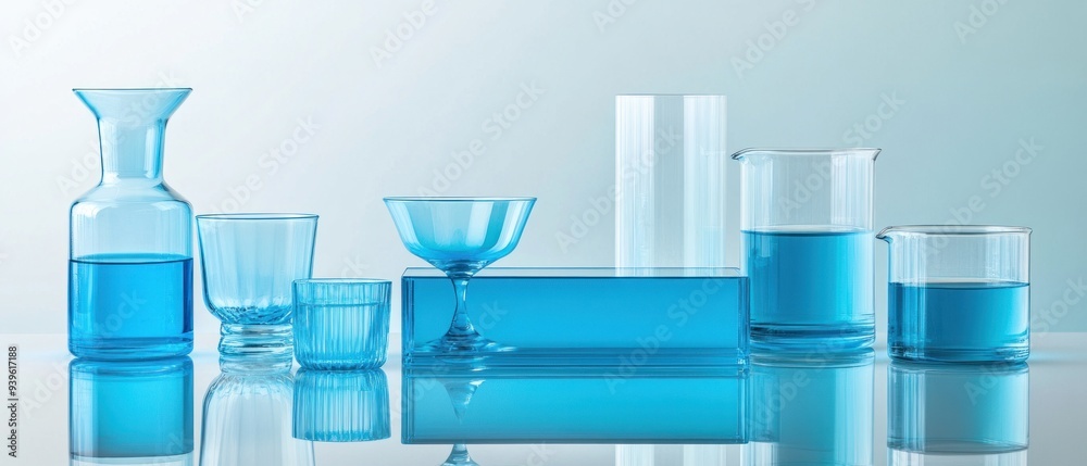 Blue Glassware Arrangement with Liquid Reflections Blue Glassware Arrangement with Liquid Reflections