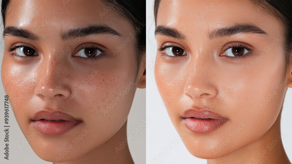 A close-up view captures the transformation of a person's face, showcasing the difference in skin texture and clarity after skincare treatment, woman's face before and after visiting a cosmetologist