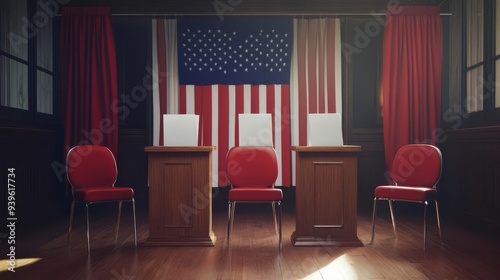 Voting booth with ballot papers, presidential election scene, 3D illustration photo