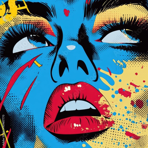 Bold pop art design featuring striking blue colors and dynamic comic visuals.