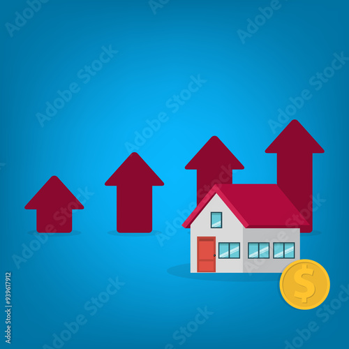 Arrows rise up above the house. The concept of growth in demand for real estate. Increase in the value of property