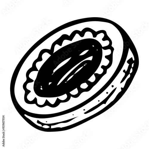Cookie with jam hand drawn doodle. Shortbread, biscuit, kurabye. Dessert food. Confectionery products. Sugar baking. Vector outline line art illustration.