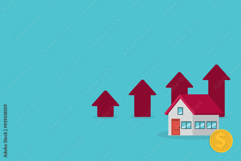 Arrows rise up above the house. The concept of growth in demand for real estate. Increase in the value of property Arrows rise up above the house. The concept of growth in demand for real estate. Increase in the value of property