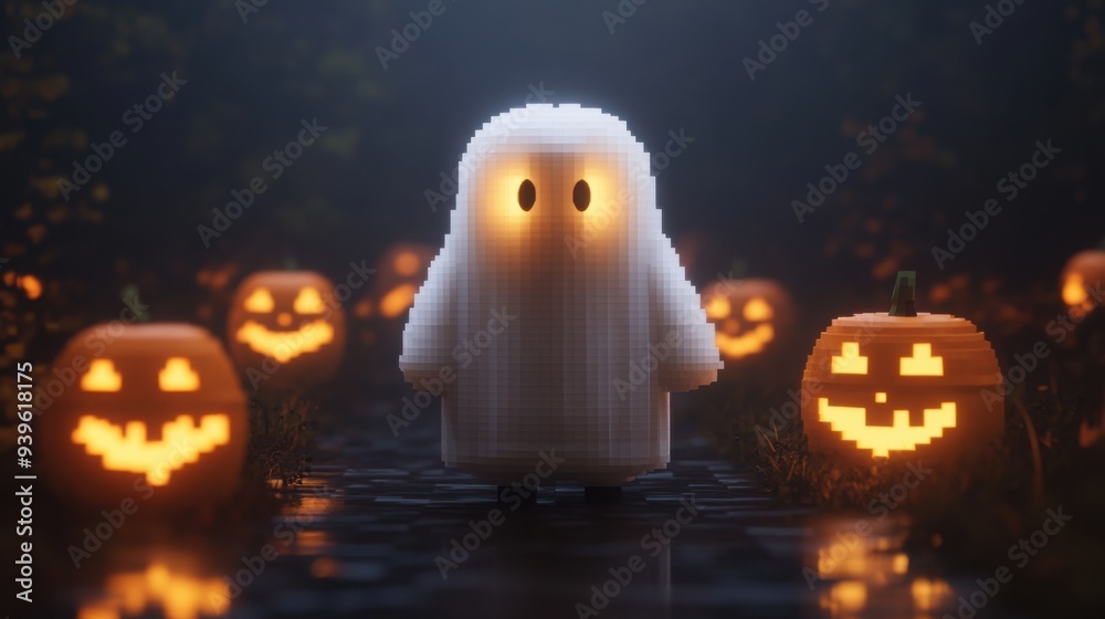 Pixelated ghost rising from an eerie, haunted video game world, glowing jack-o'-lanterns around, [Halloween video games], [spooky digital]