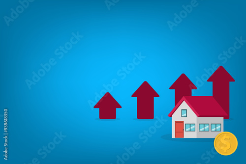 Arrows rise up above the house. The concept of growth in demand for real estate. Increase in the value of property