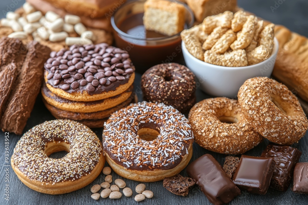Deficient diet of only processed foods, showing nutritional imbalance, 3D illustration Deficient diet of only processed foods, showing nutritional imbalance, 3D illustration