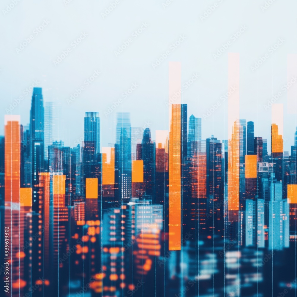 Abstract view of a city skyline influenced by economic policy changes, represented by digital overlays of economic data Abstract view of a city skyline influenced by economic policy changes, represented by digital overlays of economic data