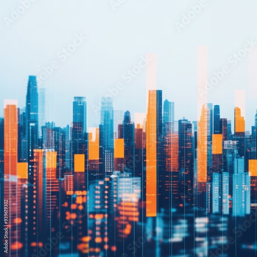 Abstract view of a city skyline influenced by economic policy changes, represented by digital overlays of economic data