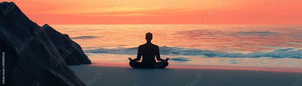 Deserted beach with a meditating figure, waves gently crashing, 3D illustration Deserted beach with a meditating figure, waves gently crashing, 3D illustration
