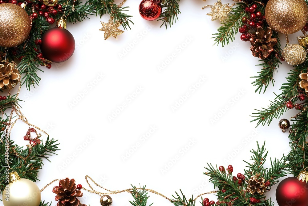 Festive Christmas Frame with Pine Cones and Red Berries Festive Christmas Frame with Pine Cones and Red Berries