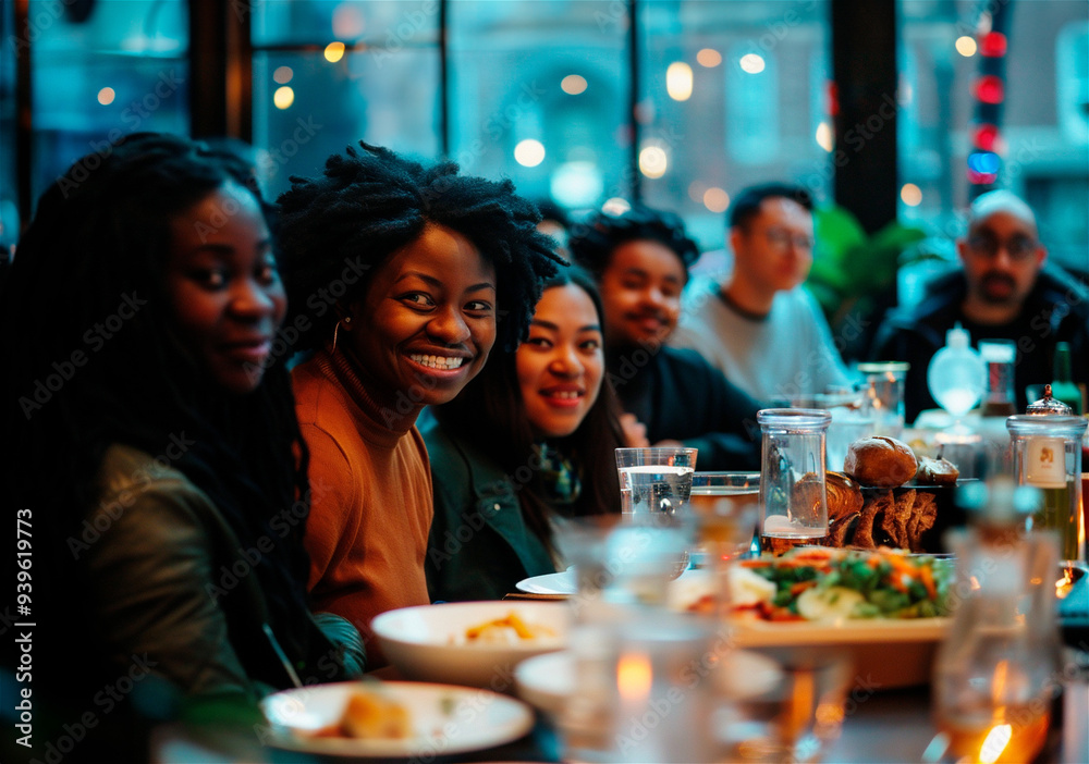 AI generated photo of multicultural friends eating in a cozy modern restaurant with large windows AI generated photo of multicultural friends eating in a cozy modern restaurant with large windows