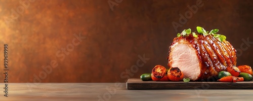 Juicy honey-glazed ham with caramelized edges, served with roasted vegetables, festive and hearty photo