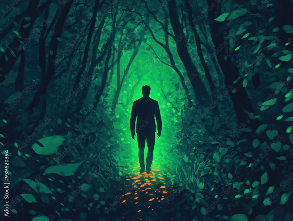 A figure walking in a dense forest, with a glowing path appearing with each step, symbolizing mindful progression through sadness.