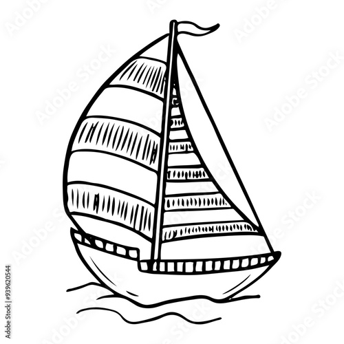 Sailboat hand drawn doodle. Sailing vessel for travel and recreation on water. Boat sea fishing. Ship sport yacht. Vector outline line art illustration.