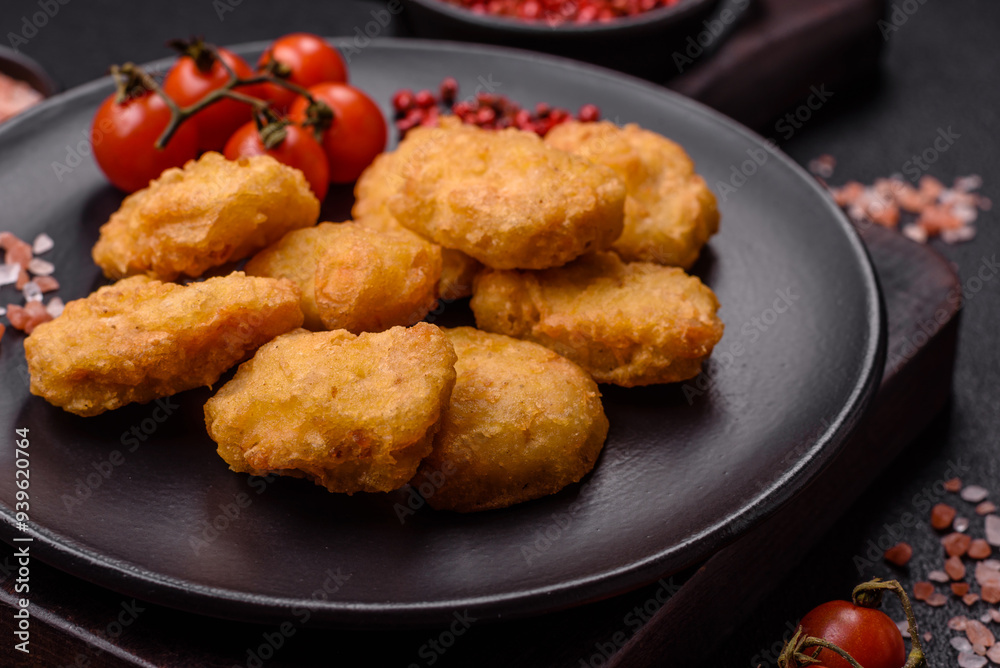 Delicious fresh crispy chicken nuggets on a dark concrete background Delicious fresh crispy chicken nuggets on a dark concrete background