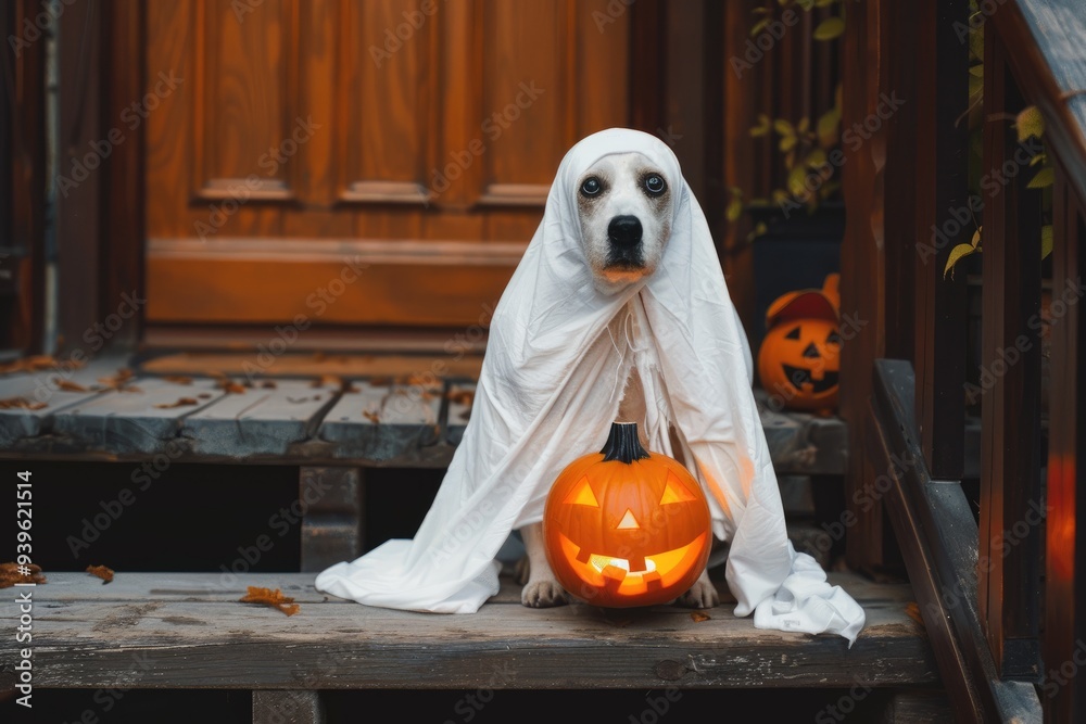 Naklejka premium A dog dressed as ghost with white sheet, holding Halloween pumpkin lantern in mouth sitting on front door step at home inside