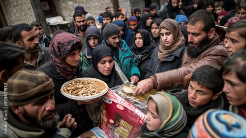 Volunteers distributing food and blankets to refugees in a crowded camp, expressions of gratitude and relief, sense of humanitarian aid and support, diverse group receiving essential supplies photo