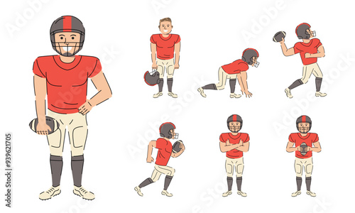 American Football characters set. American football players. Rugby, American Football cartoon doodle characters. Vector illustration