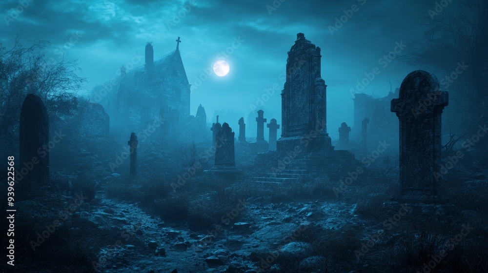 A haunting graveyard scene under a full moon, shrouded in mist and mystery, evoking feelings of eeriness and solitude. A haunting graveyard scene under a full moon, shrouded in mist and mystery, evoking feelings of eeriness and solitude.
