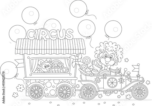 Funny circus clown driving ...