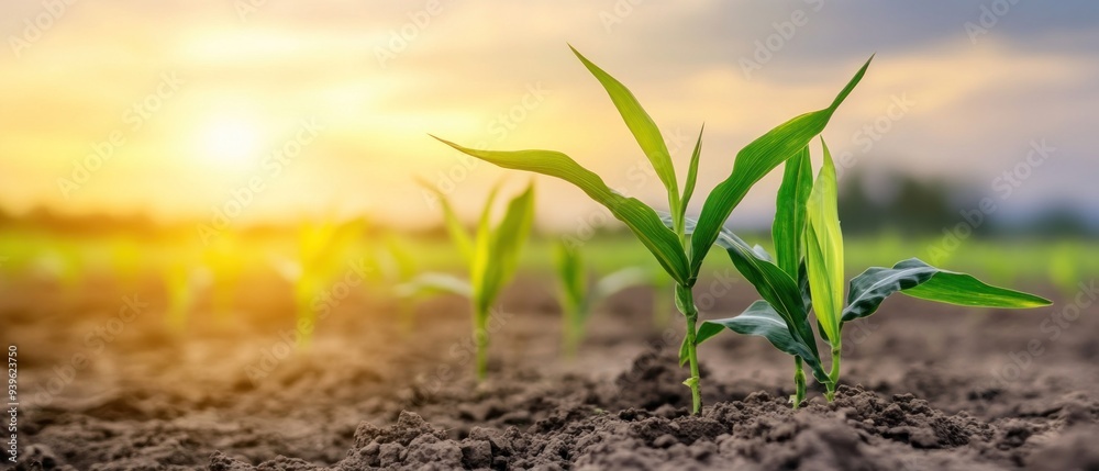 Young Corn Plants Growing in a Field at Sunset Young Corn Plants Growing in a Field at Sunset