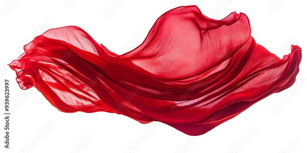 Fototapeta premium A vibrant red fabric gracefully drapes and flows, creating an elegant display of movement and texture, perfect for design projects or textiles. Transparent background PNG