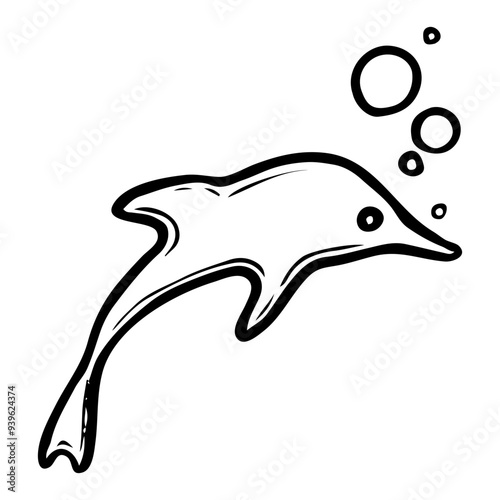 Dolphin hand drawn doodle. Animal living in water. Large cetacean fish. Mammal whale. Aquarium. Vector sketch line art illustration.