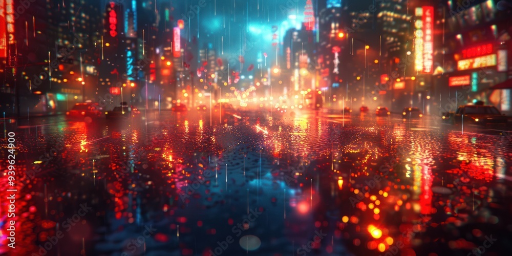 Fototapeta premium Rain-soaked city street at night with vibrant reflections and glowing neon signs