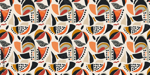 Abstract boho pattern with raw, freeform shapes and earthy tones. Background seamless pattern. photo