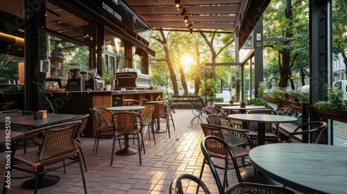 Outdoor Cafe Terrace with Sunset Glow