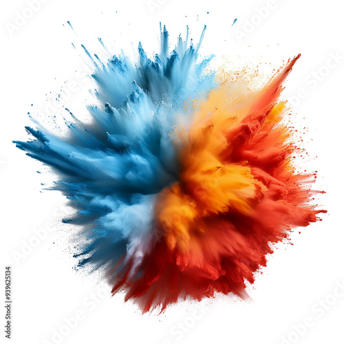 Light blue, red and chrome yellow explosion smoke of holi paint color powder isolated on transparent or white background