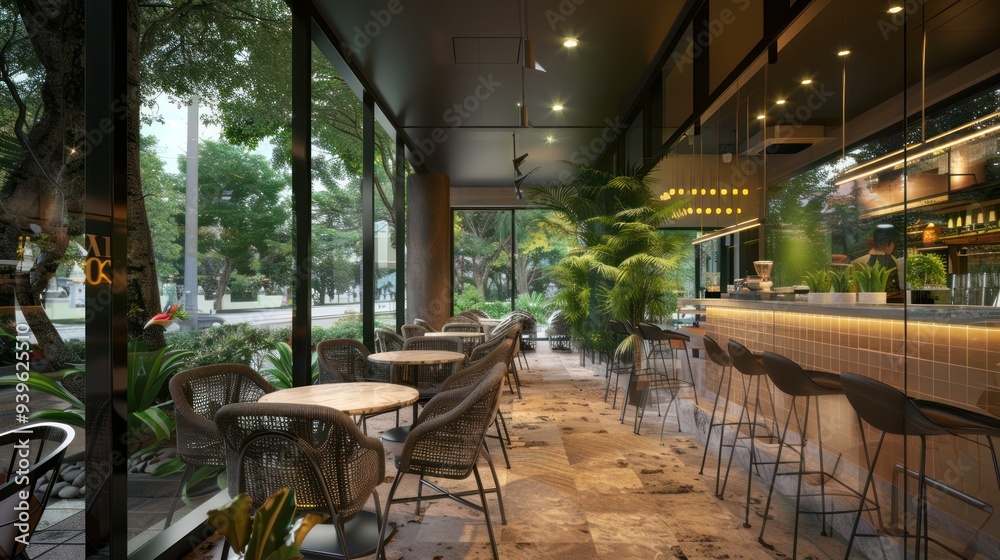 Fototapeta premium Modern Cafe with Outdoor Seating and Greenery