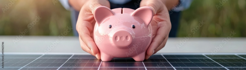 hands holding a pink piggy bank on a solar panel background, symbolizing savings, investment, and financial growth. hands holding a pink piggy bank on a solar panel background, symbolizing savings, investment, and financial growth.