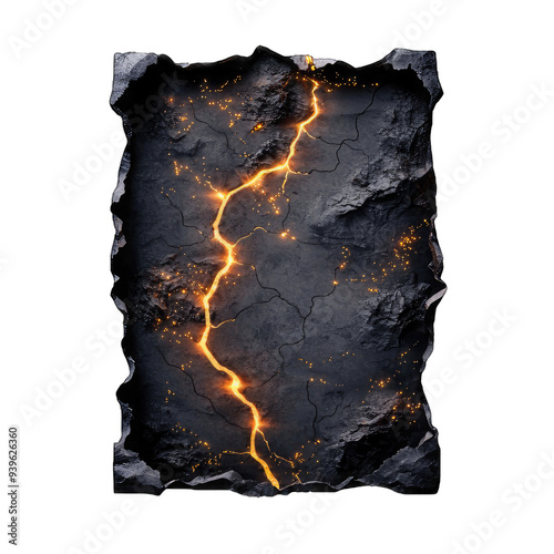 An abstract, cracked surface illuminated by glowing lava, evoking a sense of raw energy and volcanic power. photo