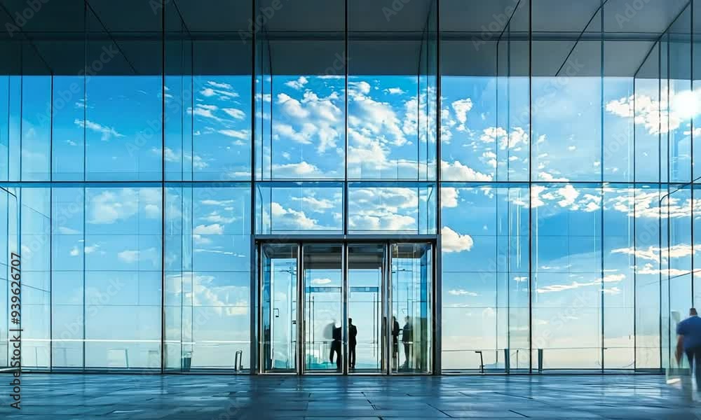a group of people standing in front of a glass building