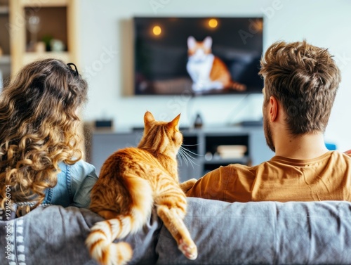 A couple watches TV with their cat on the couch. AI.