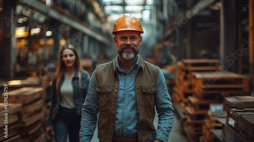 Confident male engineer with female colleague walking inside a busy warehouse during the day