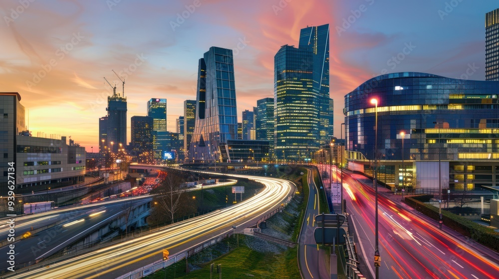 Paris Skyline at Twilight with Traffic Paris Skyline at Twilight with Traffic
