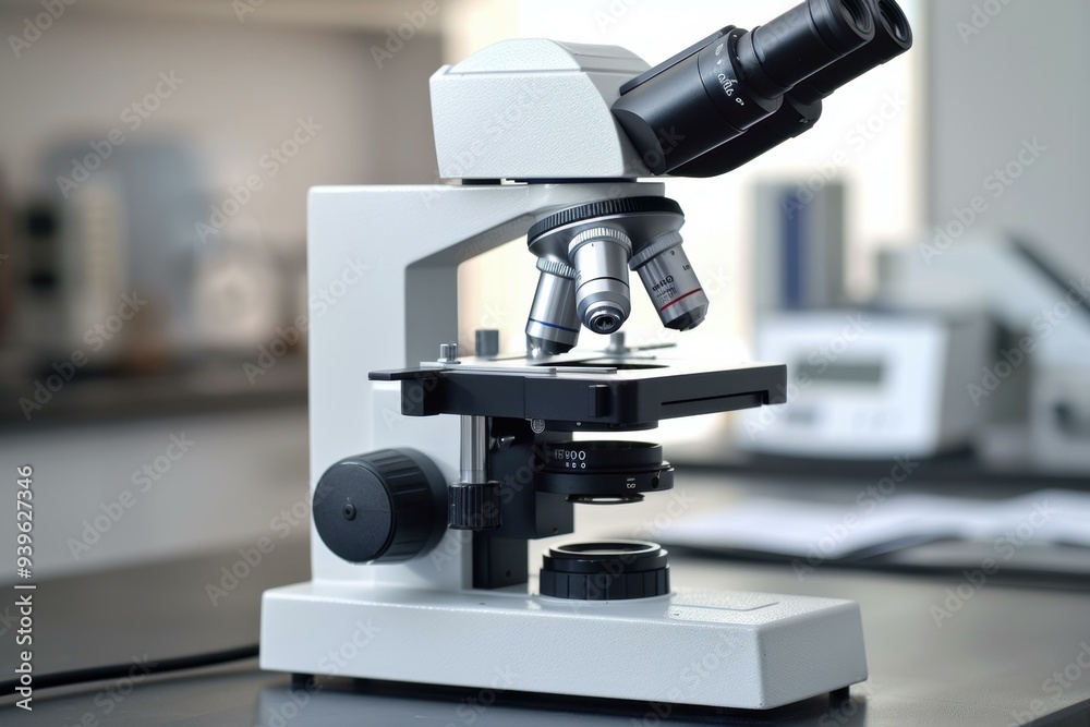 A microscope sits on a table in a laboratory. AI. A microscope sits on a table in a laboratory. AI.