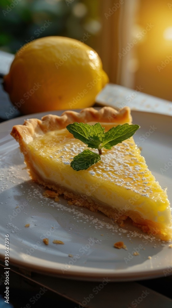A slice of lemon pie with a sprig of mint on top. AI. A slice of lemon pie with a sprig of mint on top. AI.
