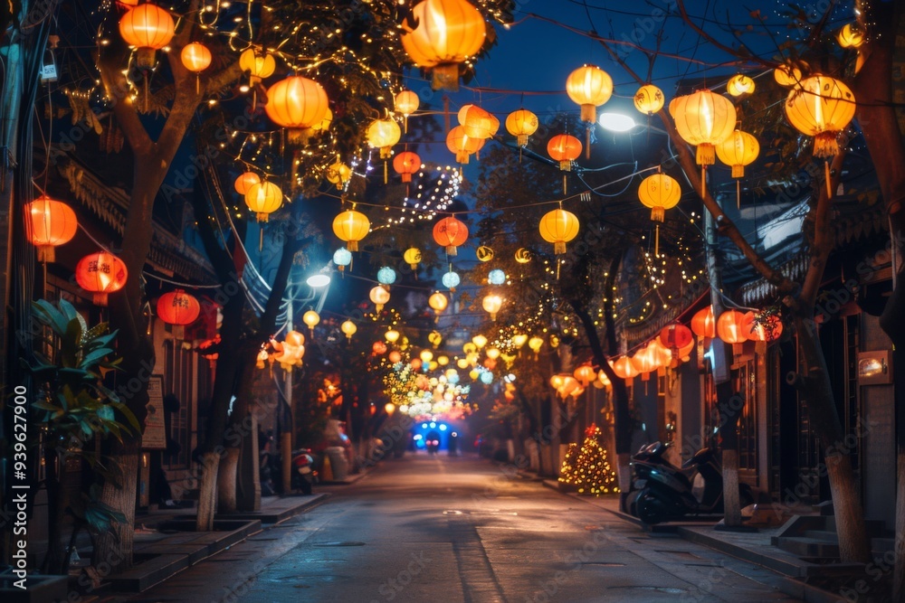 Enchanting mid autumn festival in china lantern lit on city street at night Enchanting mid autumn festival in china lantern lit on city street at night