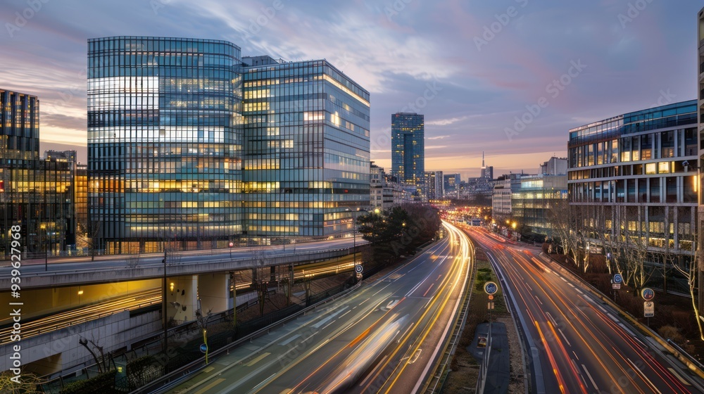 Modern Cityscape at Dusk with Blurry Traffic Modern Cityscape at Dusk with Blurry Traffic