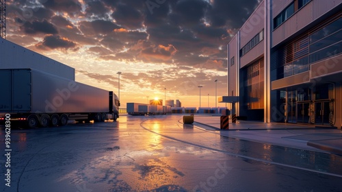 Photorealistic wide-angle shot of a futuristic truck driving on a curved road toward a warehouse loading dock at dawn, captured with dynamic and precise detail. photo