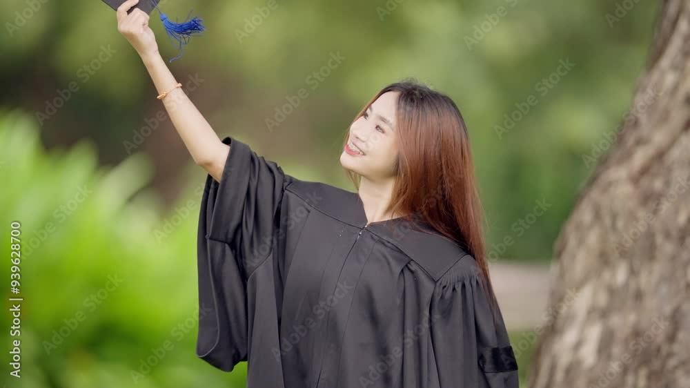 A woman in a black graduation gown is holding her cap and gown up to ...