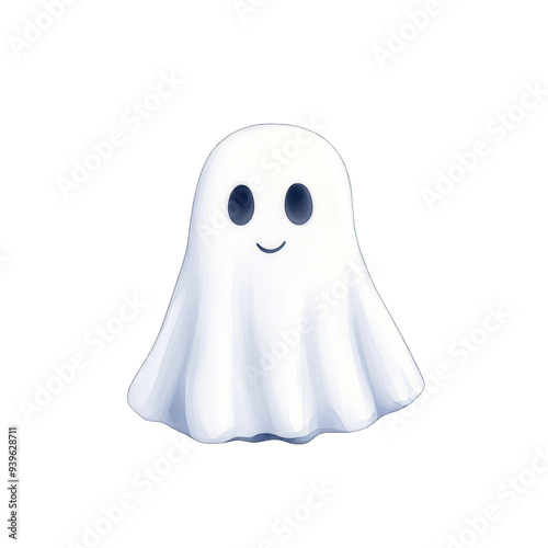 Cute cartoon ghost with a friendly smile, perfect for Halloween decorations, children's art, or spooky themed designs. transparent background watercolor style