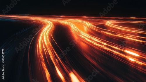 Abstract glowing light trails on a dark background, creating the illusion of a curved road or pathway.