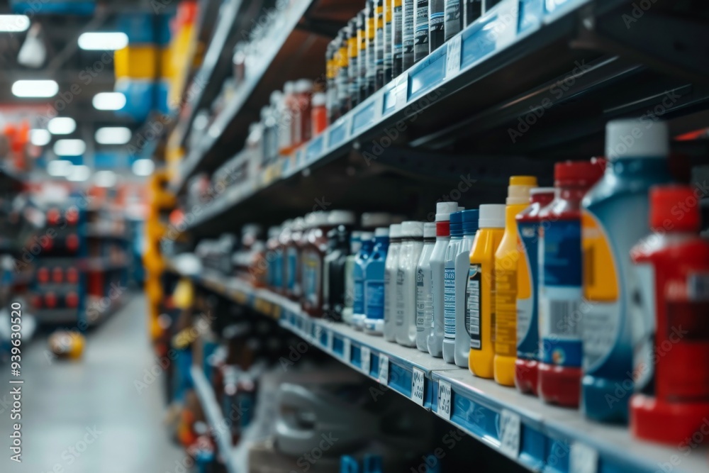 Close up of shelves in an auto parts store displaying a variety of items under natural light Close up of shelves in an auto parts store displaying a variety of items under natural light