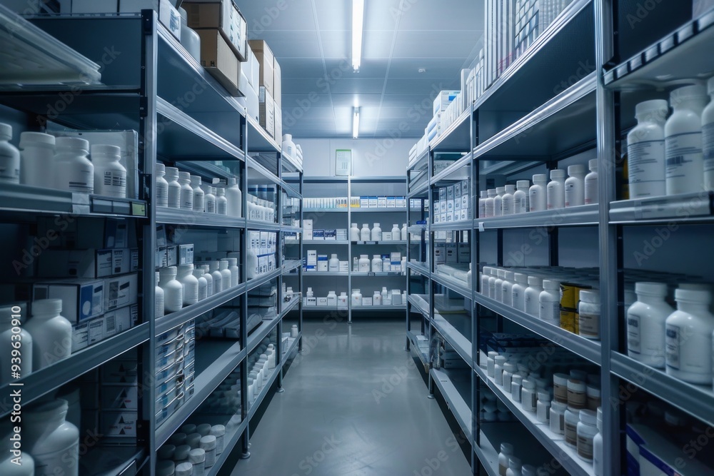 Pharmaceutical warehouse with organized shelves and neatly arranged medication Pharmaceutical warehouse with organized shelves and neatly arranged medication