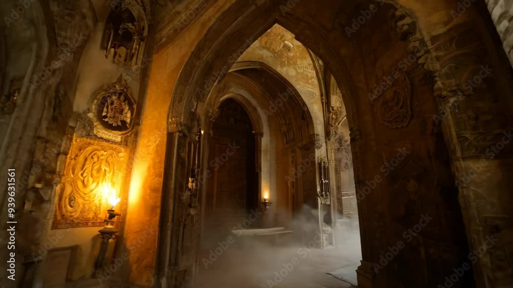 Ancient Castle Hallway With Flickering Torches and Crumbling Stone Walls Ancient Castle Hallway With Flickering Torches and Crumbling Stone Walls